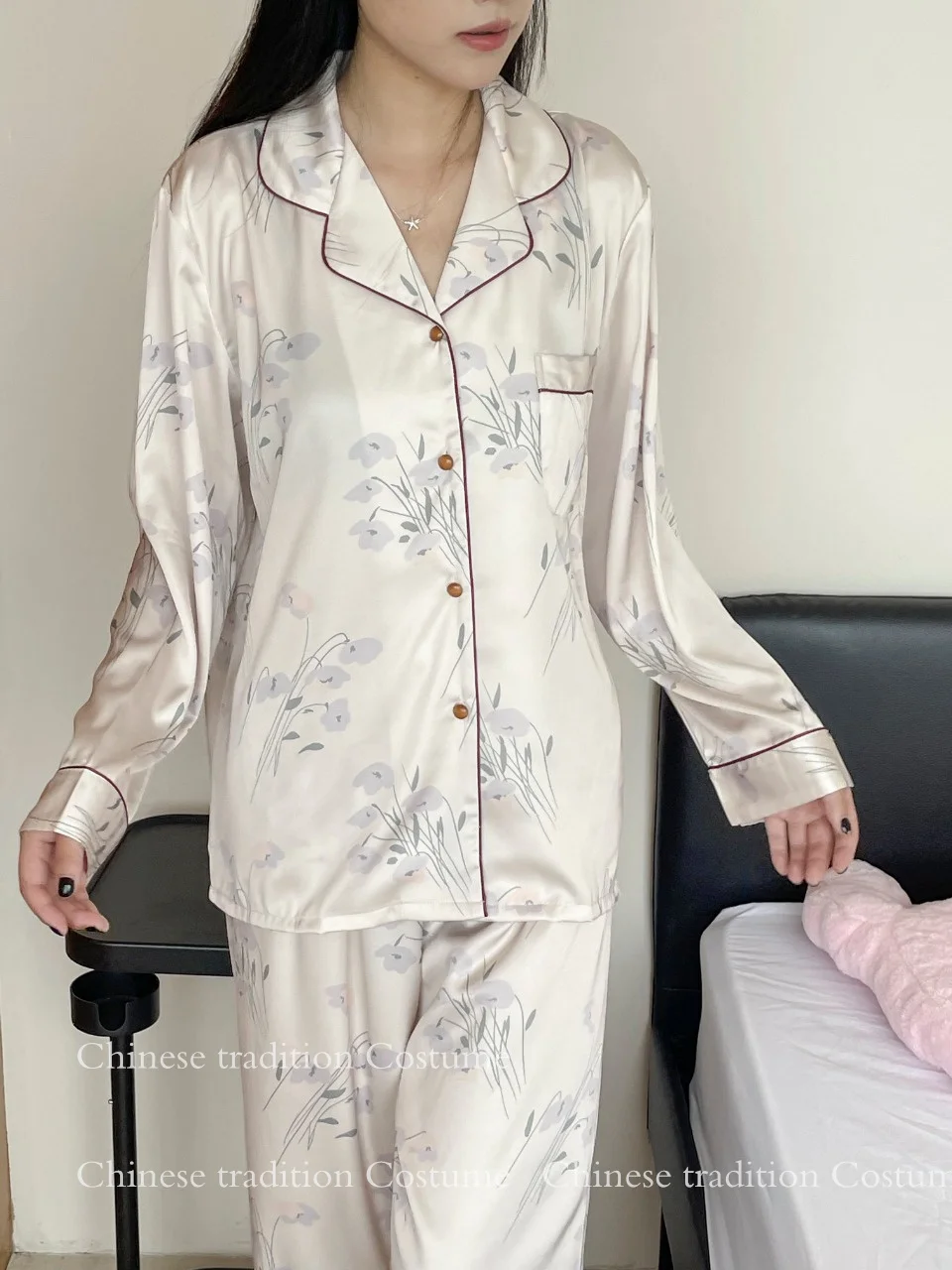 Spring Autumn Pajamas Set Women\'s Long Sleeve 2Pcs Pajamas Set Sexy Flower Print Nightwear Lapel Sleepwear Luxury Loungewear