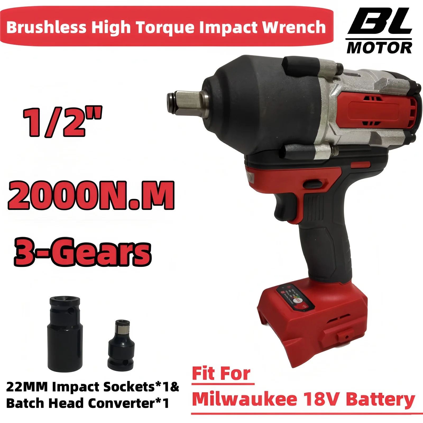 For Milwaukee 18V Battery 2000N.M Brushless Impact Wrench 1/2