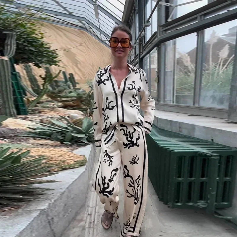 

Print Shirt Long Pants Suits Women Loose Lapel Long Sleeves Shirts Wide Led Trousers Suit Female 2024 Spring Lady Outfit