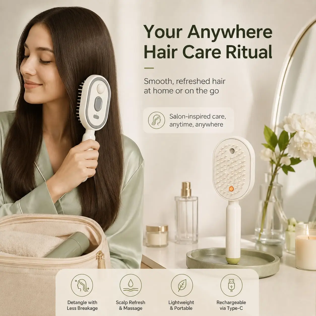 Electric Spray Hair Massage Comb 2in1 Misting Hair Brush With Moisturizing Spray Function Reduce Frizz Anti-Static Self-Cleaning view 2