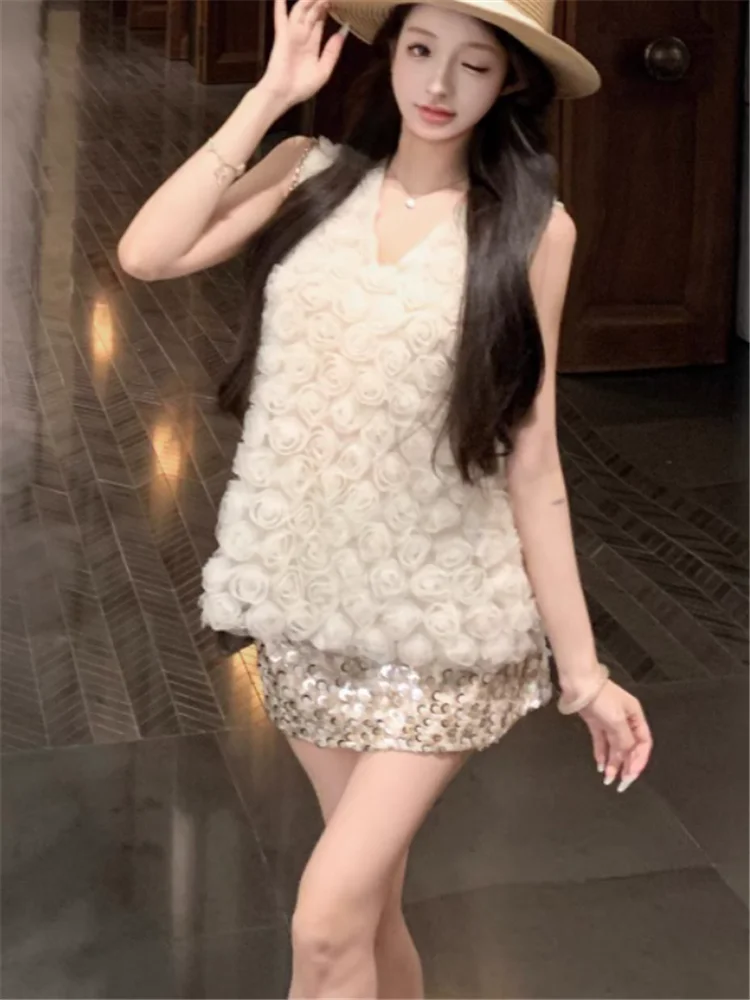 Celebrity Elegante Donna 2 Pezzi Set di Abiti con Scollo a V 3d Fiore di Rosa Maglia Canotta e Mini Una Linea di Paillettes Gonna chic 2 Pezzi Abiti