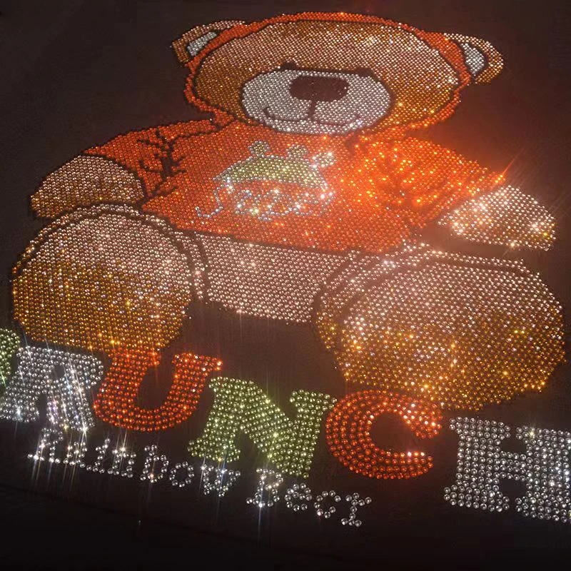 Sparkling Rhinestone Iron-On Transfer Patch, Cute Cartoon Teddy Bear & Letter Design, DIY Fashion Decoration for T-Shirts