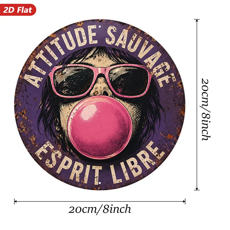 2D Flat, 1pc Retro Bubblegum Rebel Round Metal Sign Wall Art, Sunglassed Face, Pink Bubblegum Bubble, Suitable for Studio Office