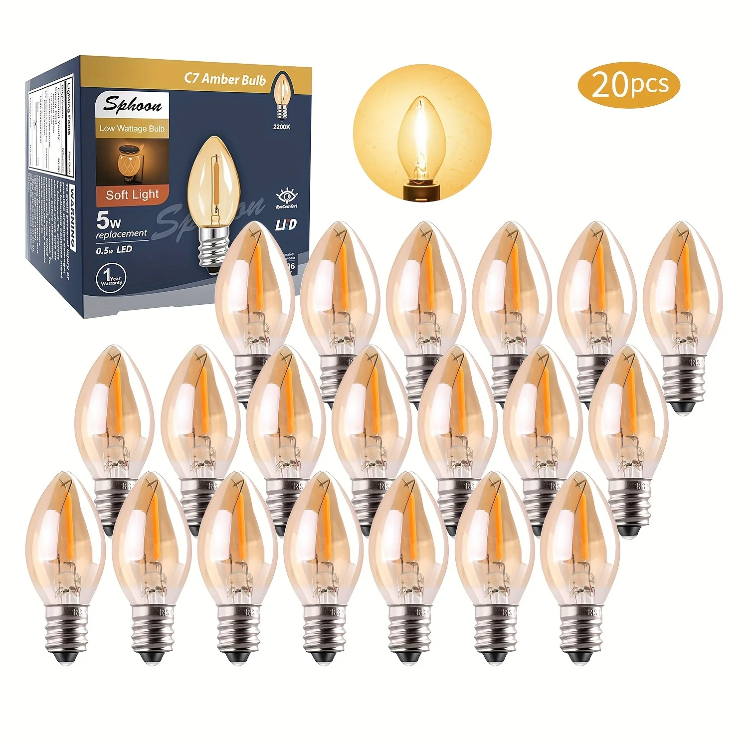 Ampoule LED C7, bougie de veilleuse 0.5W, lueur ambre 5W, remplacement in347 E12 ci-après, veilleuse à filament LED