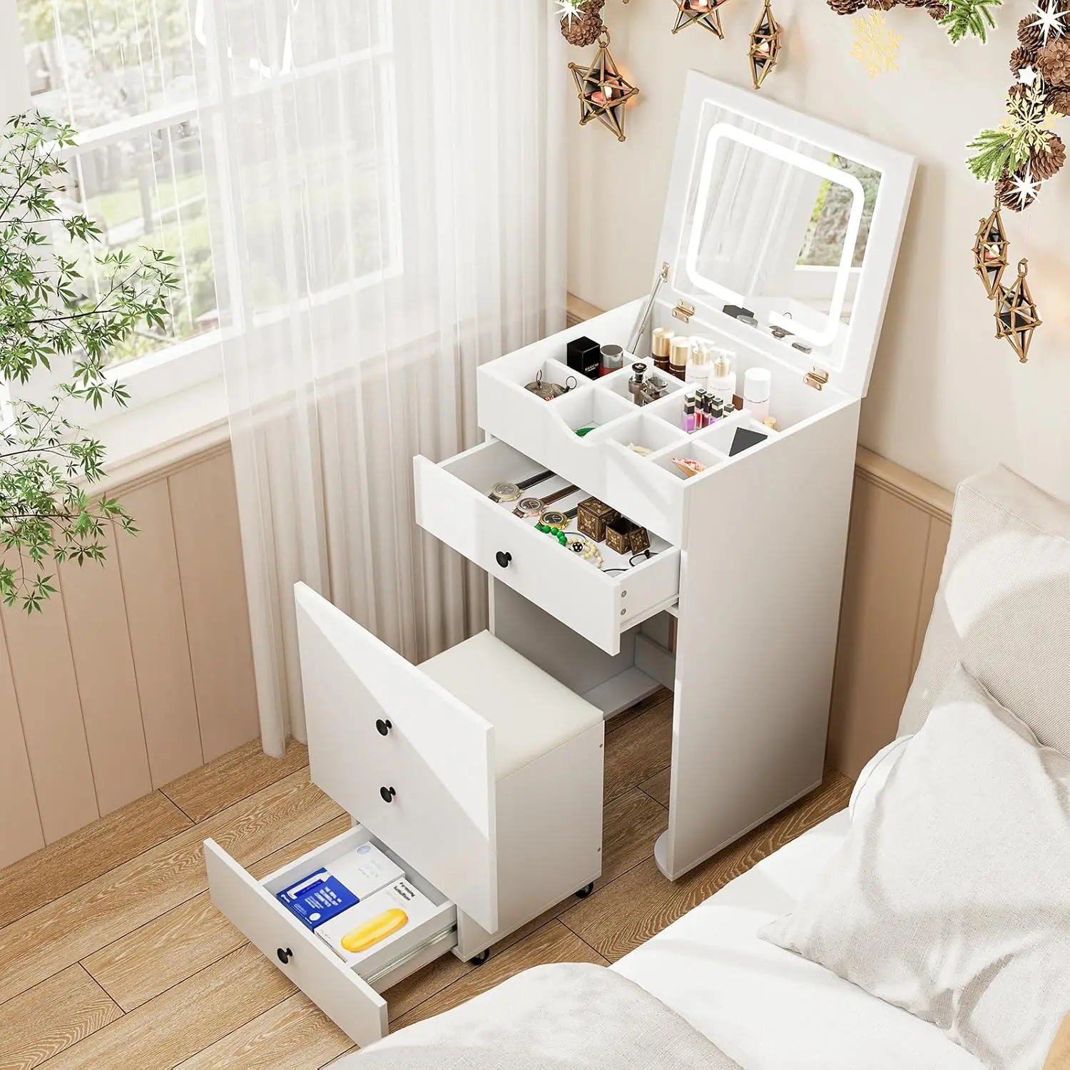 

#Small Vanity Desk Flip-top Mirror Lights Cushioned Stool Wheels Bedroom Nightstand White