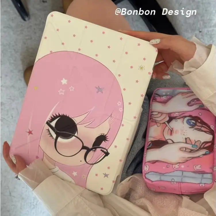Pink Kawaii Glasses Girl Y2K Cover For iPad Pro 13 11th M5 M4 12.9 A16 10 8 7 9th 10th For iPad Air 11 M2 M3 Mini Tablet Case