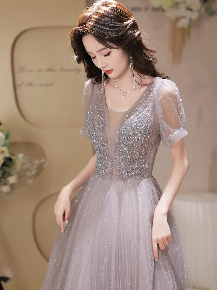 

Ele Long Evening Gown for Women aduation Ball Host Adult High-End Luxury Unique Dr Focus Bride ort Sve V-Nec...