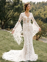 Vestidos De Novia bohemios Vintage, mangas largas acampanadas, Apliques De encaje, longitud hasta el suelo, sirena 2024, 2023