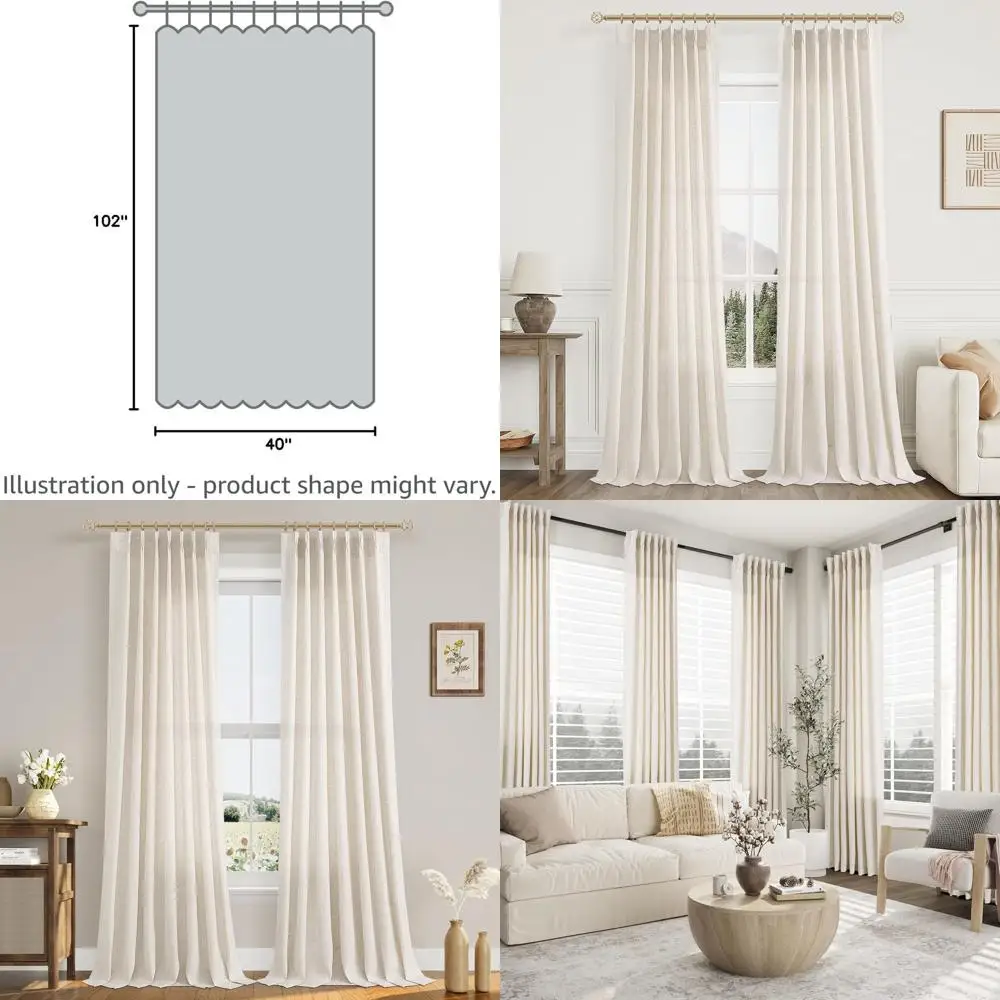 

Натуральные полупрозрачные льняные шторы Natural Cream 102 с крючками, комплект из 2 панелей для гостиной, светопропускающие, в стиле бохо