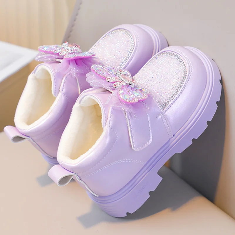 أطفال أحذية كاجوال حذاء من الجلد بولي Leather جلد كريستال الترتر أحذية الشتاء للفتيات الدافئة المضادة للانزلاق حذاء أسود بني حجم 26-36