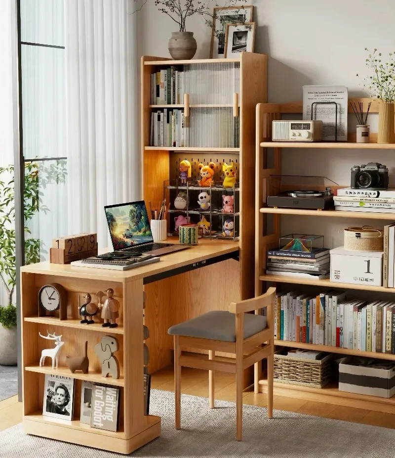 Solid wood folding table bookcase integrated multi-functional household computer desk