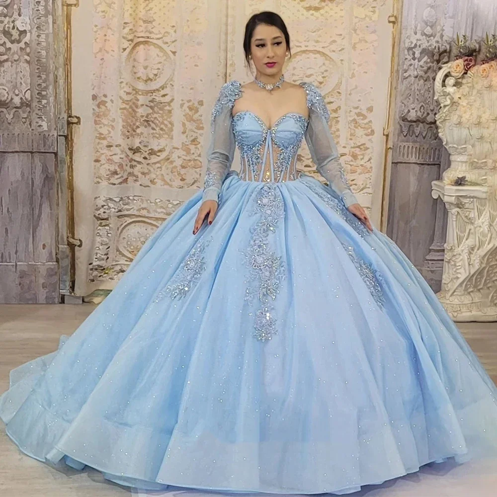 ANGELSBRIDEP-Vestidos Tule Quinceanera para Eventos Especiais com Manga Comprida, Glitter Azul, Vestido de Festa de Aniversário, 15 Anos