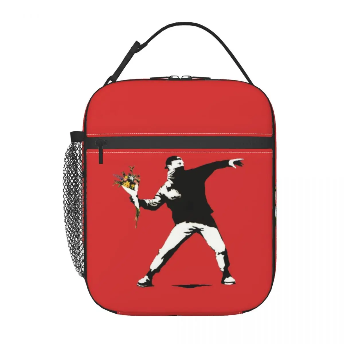 Banksy Love Is In The Air Flower Thrower Insulated Lunch Bag for Outdoor Picnic Flower Bomber Thermal Cooler Bento Box Children