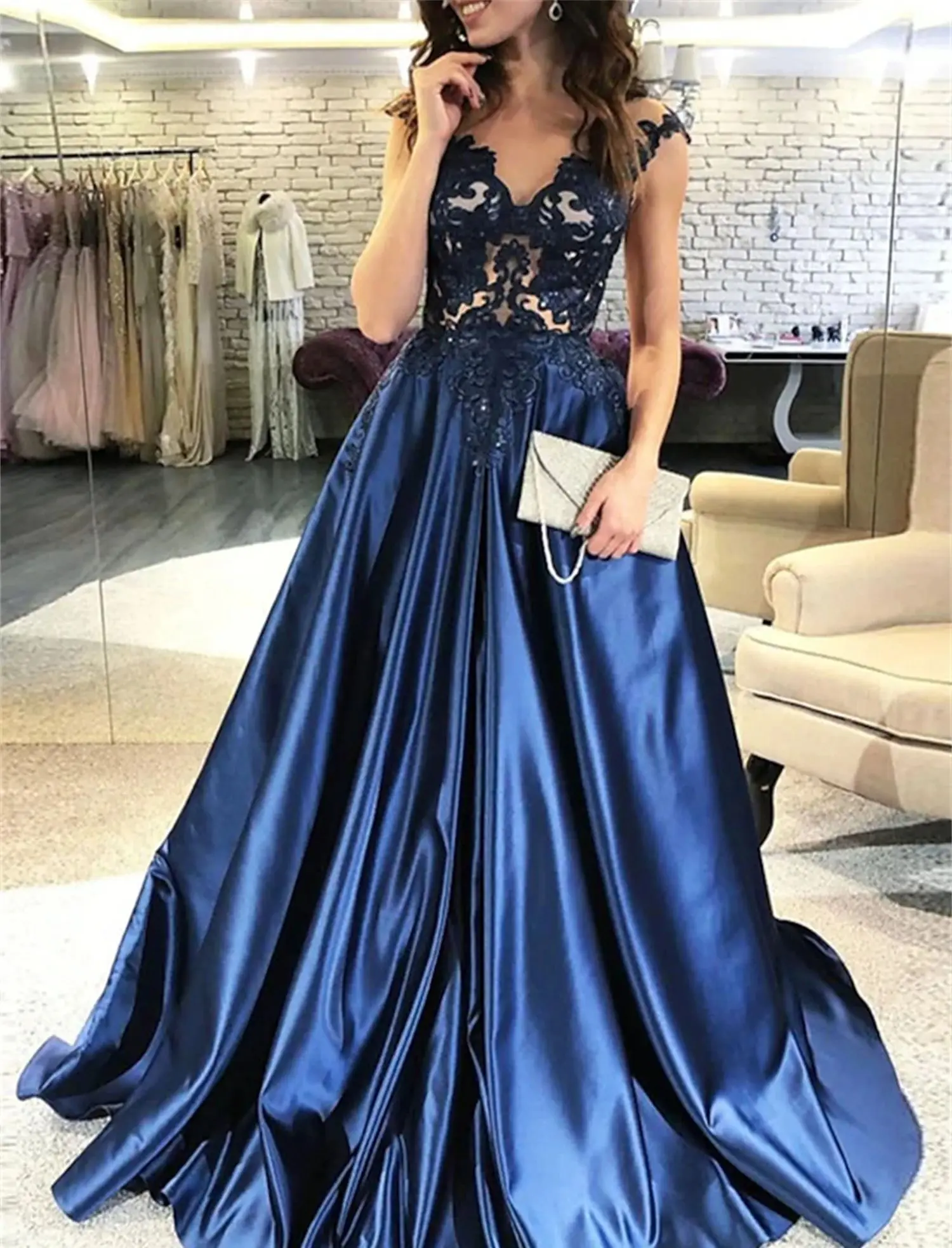 Aileen Line A-vestido de satén para mujer, fiesta de noche de encaje para traje elegante, color azul marino, 2024