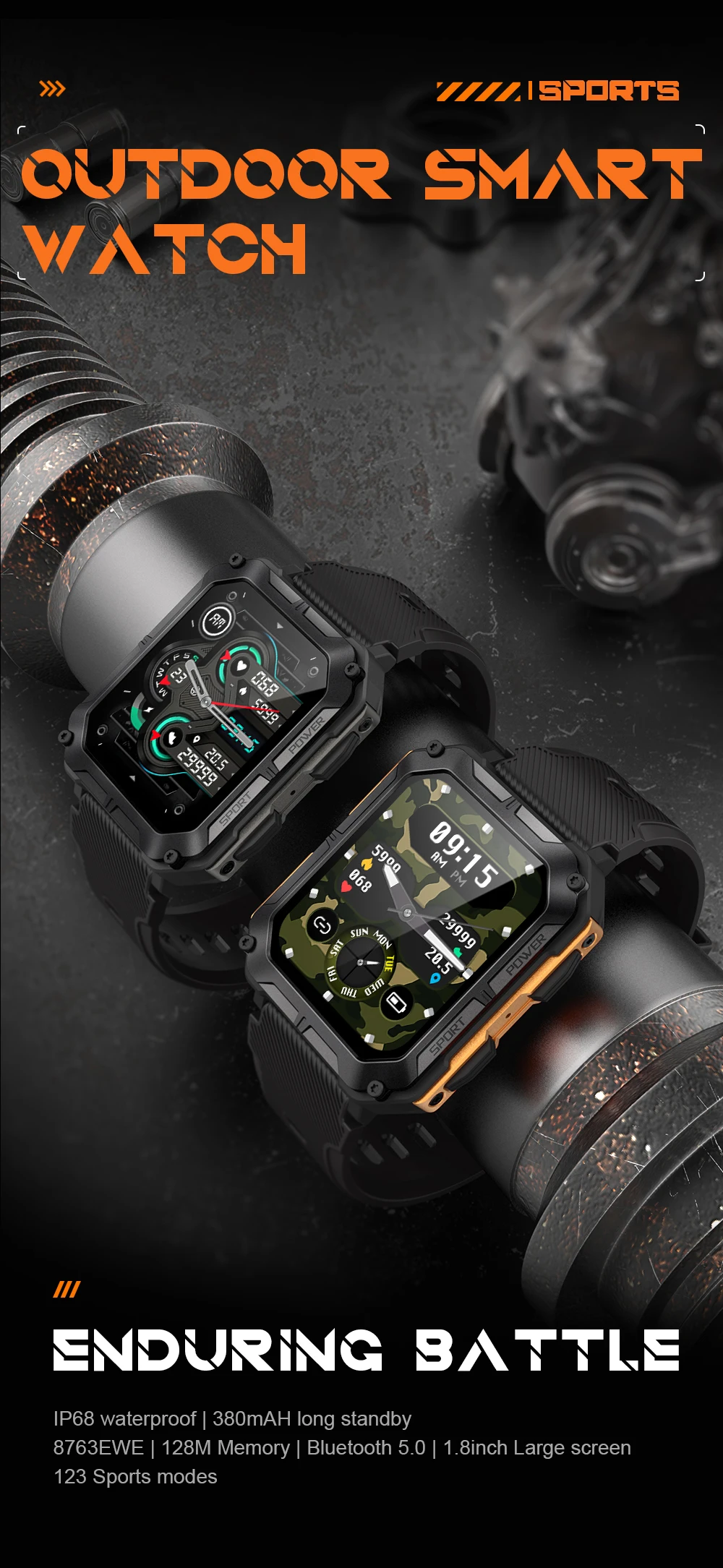 Outdoor Smart Watch Military Metal Frame Professional Waterproof 1.83
