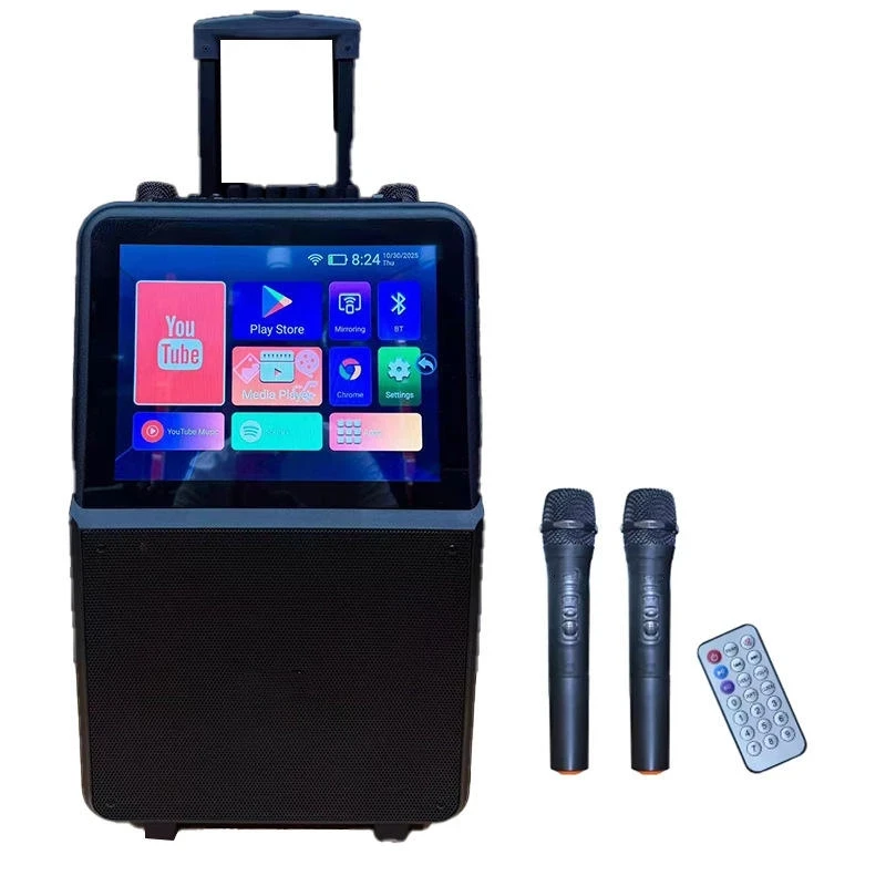 Bluetooth Touch Screen Pull Rod Karaoke Speaker With 2 Wireless Microphones Outdoor Home Audio System