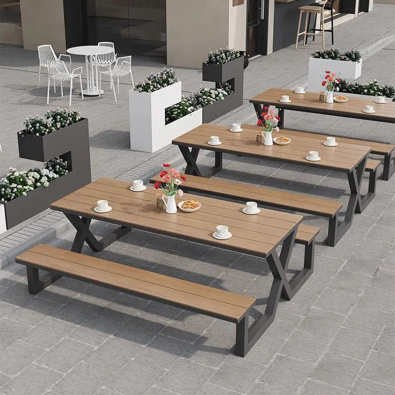 Outdoor One-piece Table And Chair Combination Plastic Wood Garden Courtyard Seat Villa Park Outdoor Sun Protection Dining Table