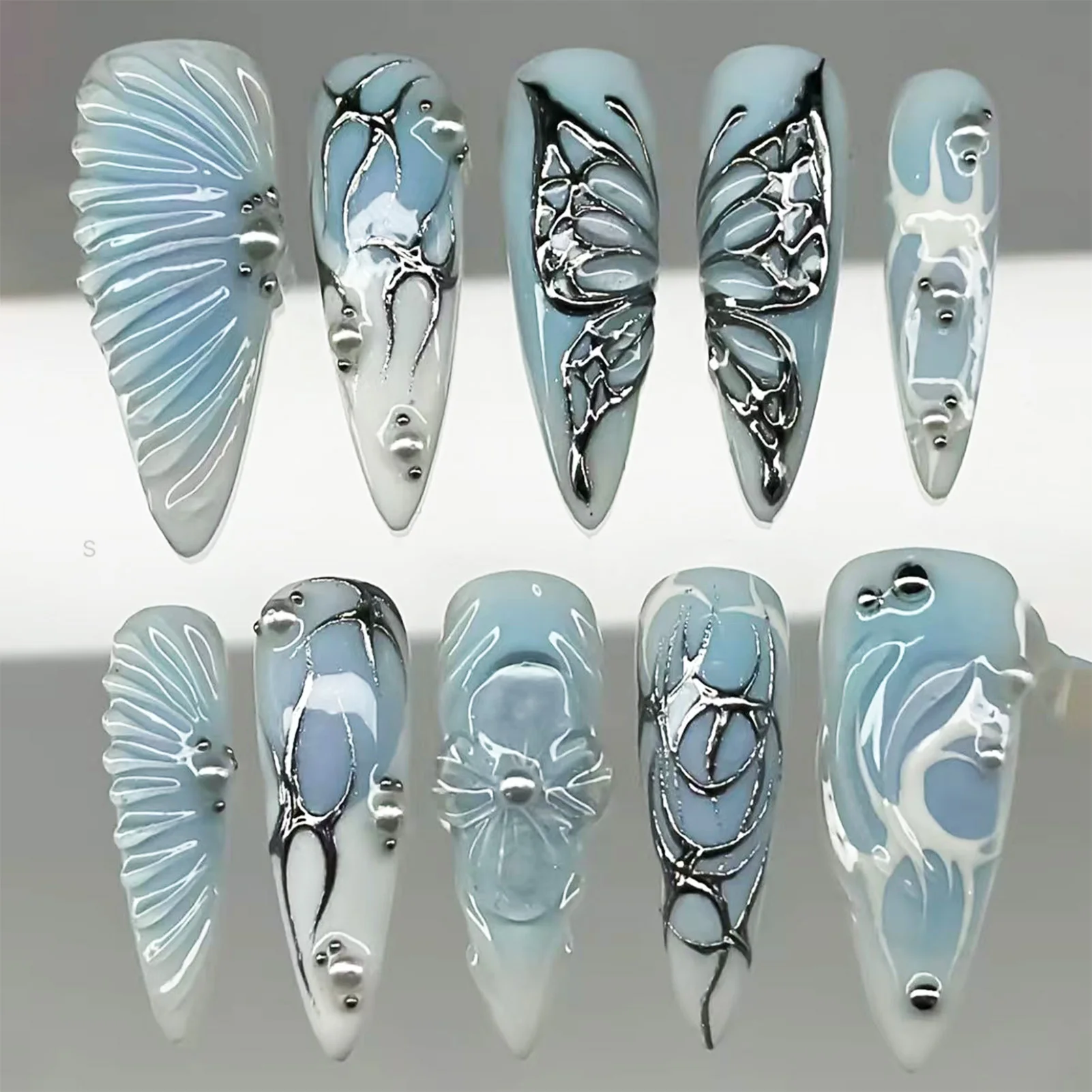 10pcs Punk Style Handmade Press On Nails Flash Rhinestone Textured Almond False Nails 3D Relief Flower Sweet Cool Fake Nail Tips