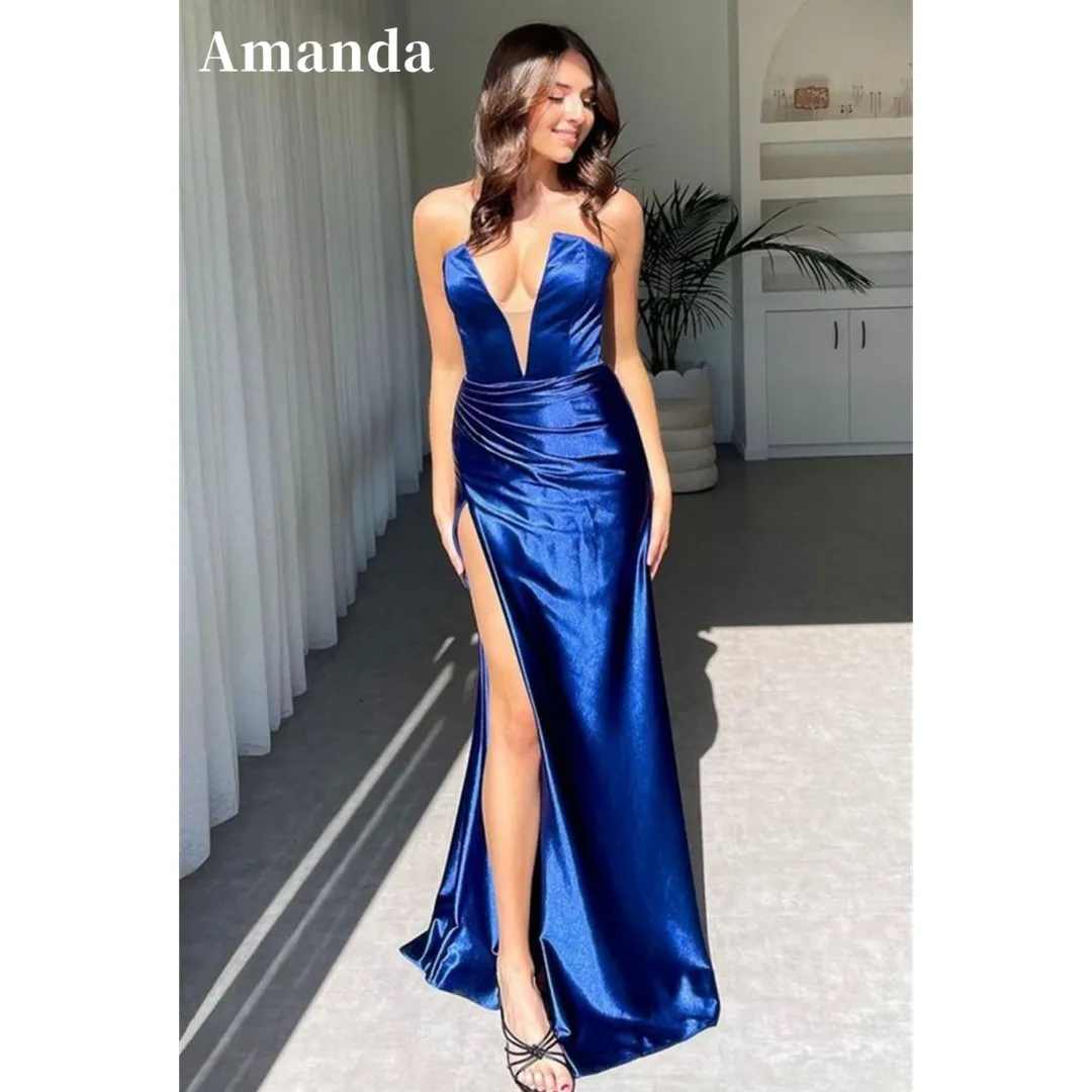 

Amanda Royal Blue Satin vestidos de noche Strapless V-neck Prom Dresses Elegant Sleeveless Sexy Side High Split Formal Evening