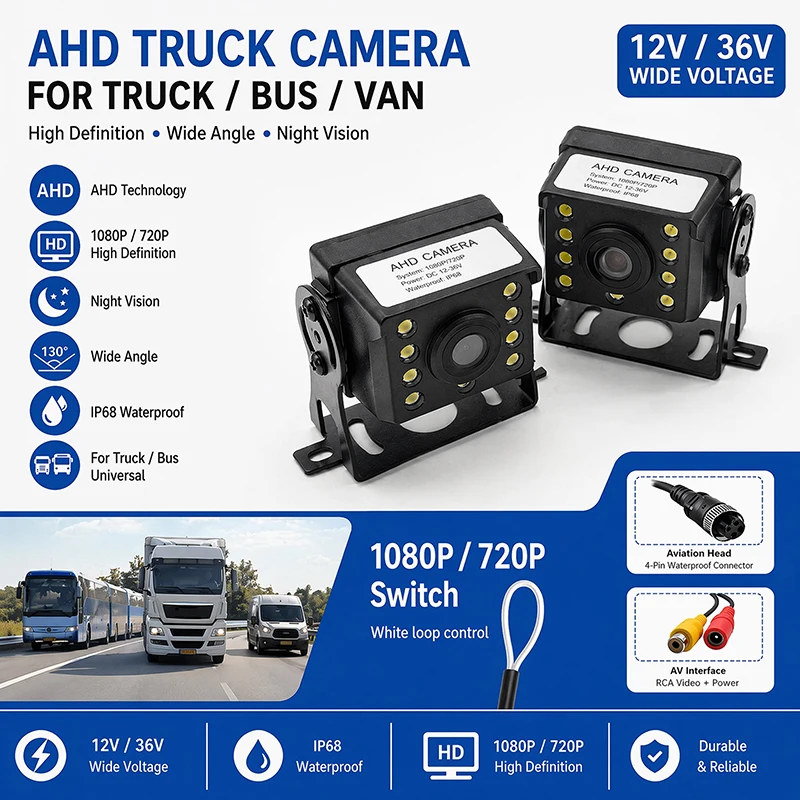 Caméra de recul pour camion, bus, véhicule, 1080P 720P AHD, 8 LED, vision nocturne ultra claire, étanche, protection solaire