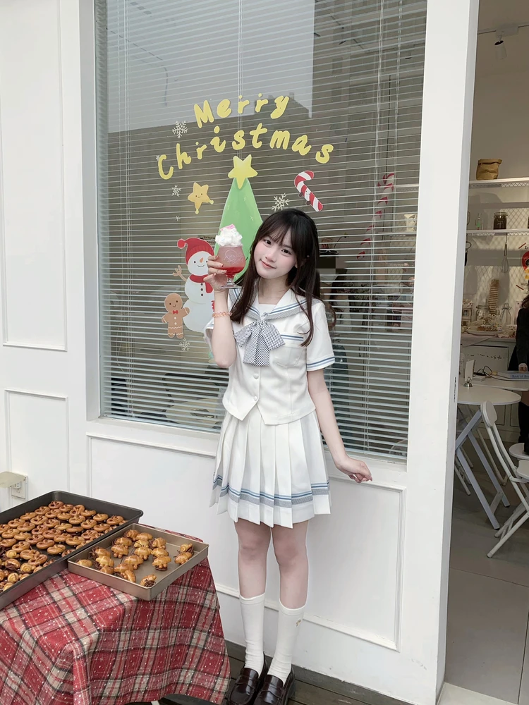 

Lulucake Short Sleeve Sailor Suit Set Waist-Cinching JK Uniform White College Style Women's Outfit Autumn Season Japanese Style