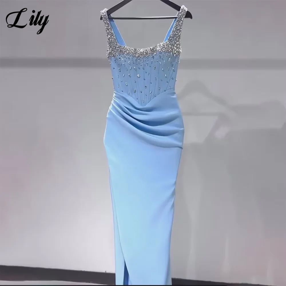 Lily Hellblaues, elegantes Abendkleid aus Satin mit seitlichem Schlitz, Abendkleider, glänzender Kristall, trägerlos, Meerjungfrau, formelles Kleid, individuell gestaltet