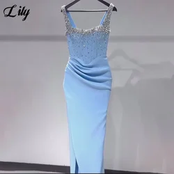 Lily Light Blue Elegant Prom Dress Satin Side High Split Evening Dresses Shiny Crystal Strapless Mermaid Formal Gown Customized