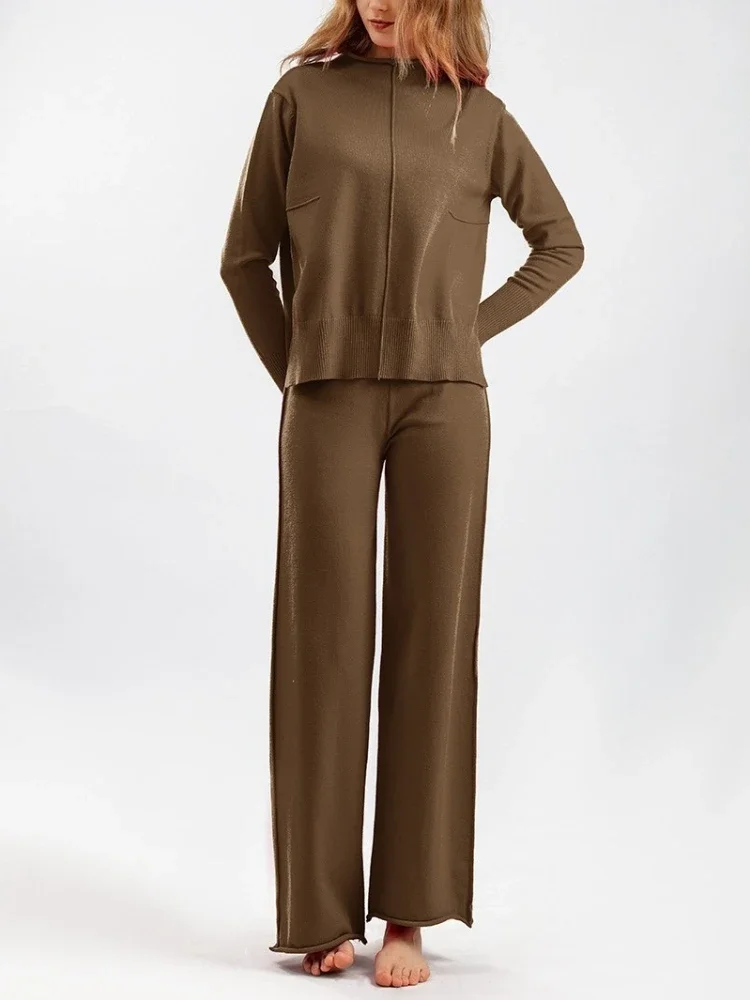 Autumn Winter Women Half High Neck Knit Pant Sets Lady Elegant Loose Sweater 2-piece Set Casual Loose Pullover Women's Clothing