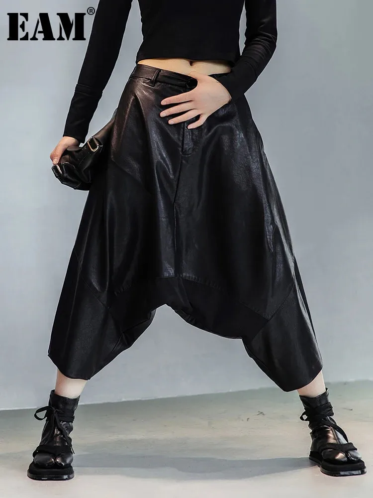 [EAM] High Elastic Waist Black Leather Long Harem Trousers New Loose Fit Pants Women Fashion Tide Spring Autumn 2025 1DE3072