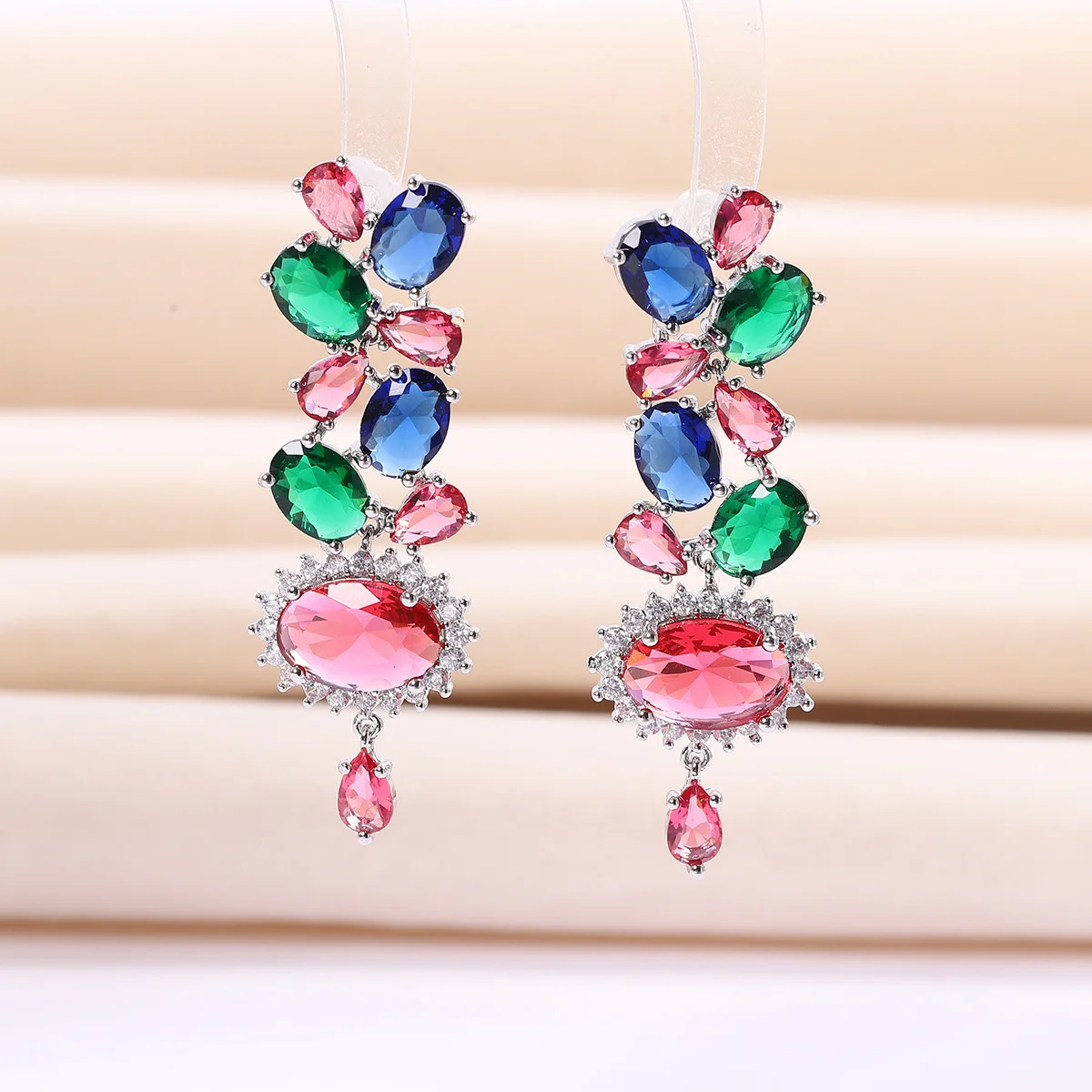

925 Silver Multicolor Oval CZ Drop Earrings, Sparkling Statement Bridal Jewelry for Women