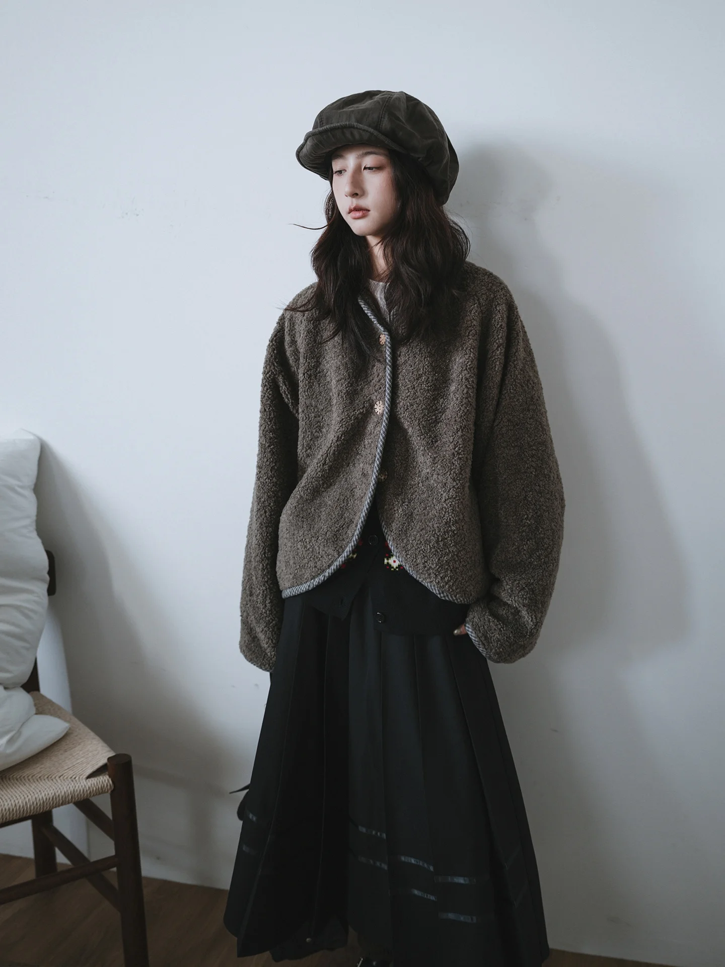 

Warm Lamb Velvet Open Cardigan Wooden Button oulder Sve Flip Collar Women's Autumn Winter Outerwear Casual Commute Sle