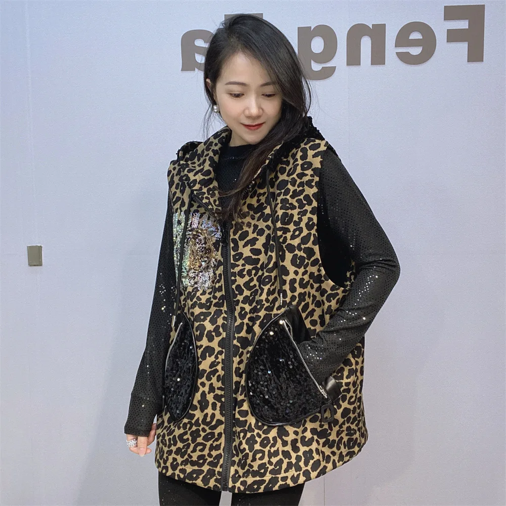 Women\'s Clothing Hot Diamond Loose Hooded Vest 2024 Winter New Fashion Chic Back Tiger Head Leopard Print Vest Jacket Female