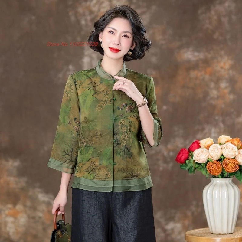 2024 traditional chinese hanfu blouse national flower print satin blouse vintage lace blouse oriental tang suit ethnic blouse