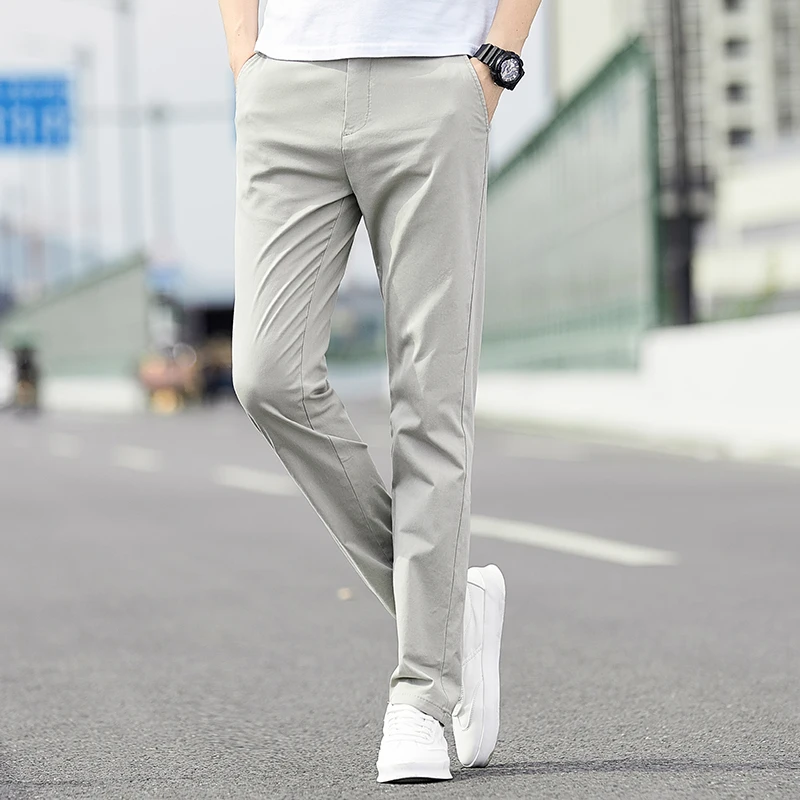 Men's Spring Autumn Solid Button Elastic Zipper Pockets Casual Straight Loose Trousers Fashion Office Lady Vintage Slim Pants