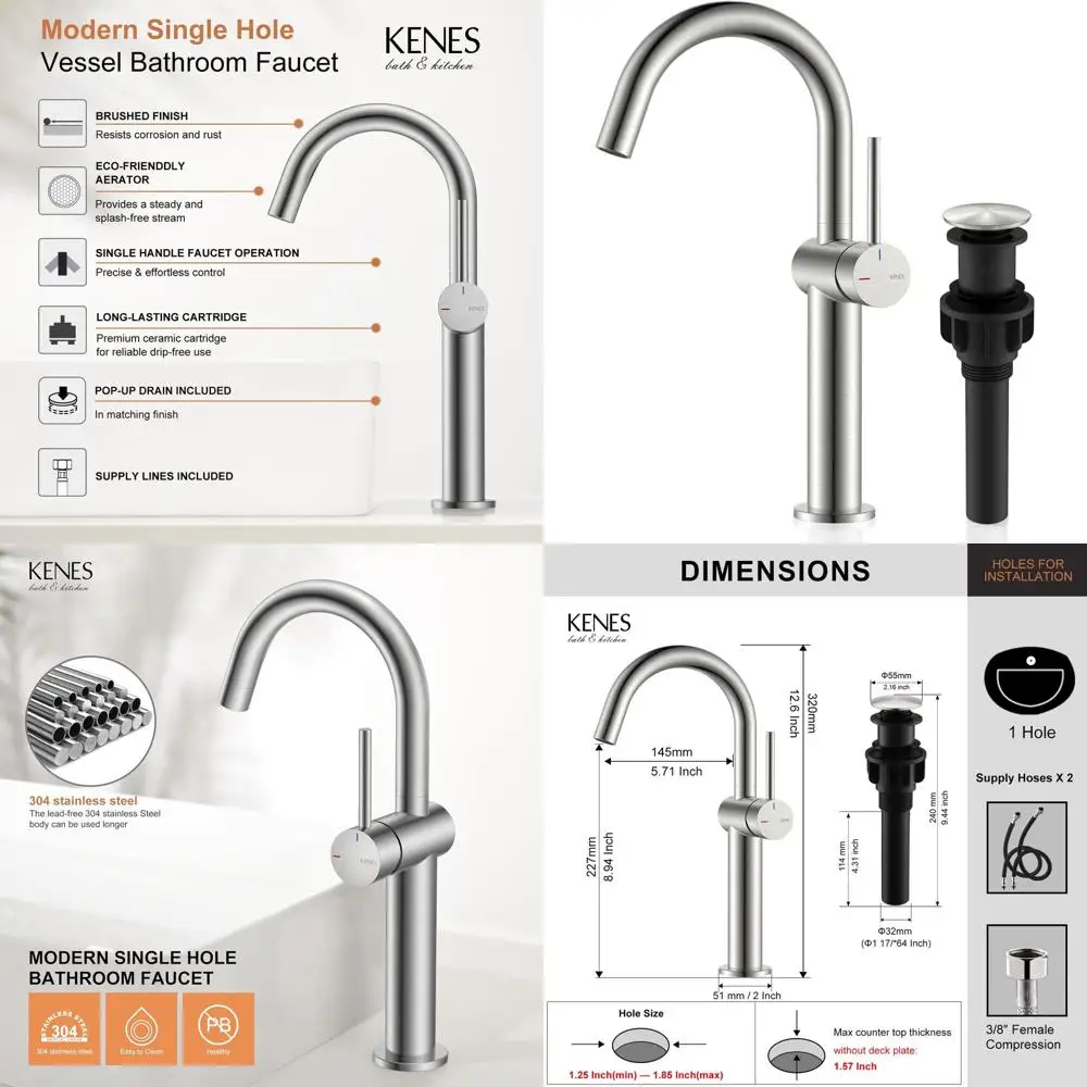 

Modern Single Handle Vessel Sink Faucet, Tall Bathroom Vanity Fixture with Pop-Up Drain and Supply Lines