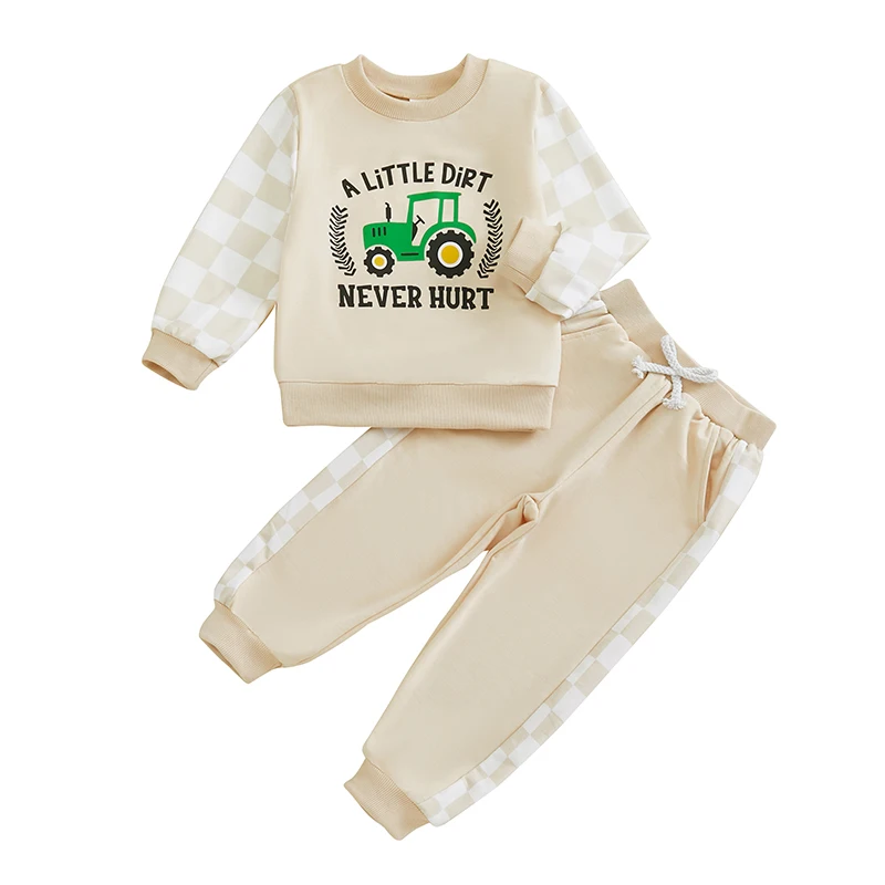 Toddler Boys Fall Outfits Letter Truck Print Long Sleeve Sweatshirts and Long Pants 2Pcs Clothes Set