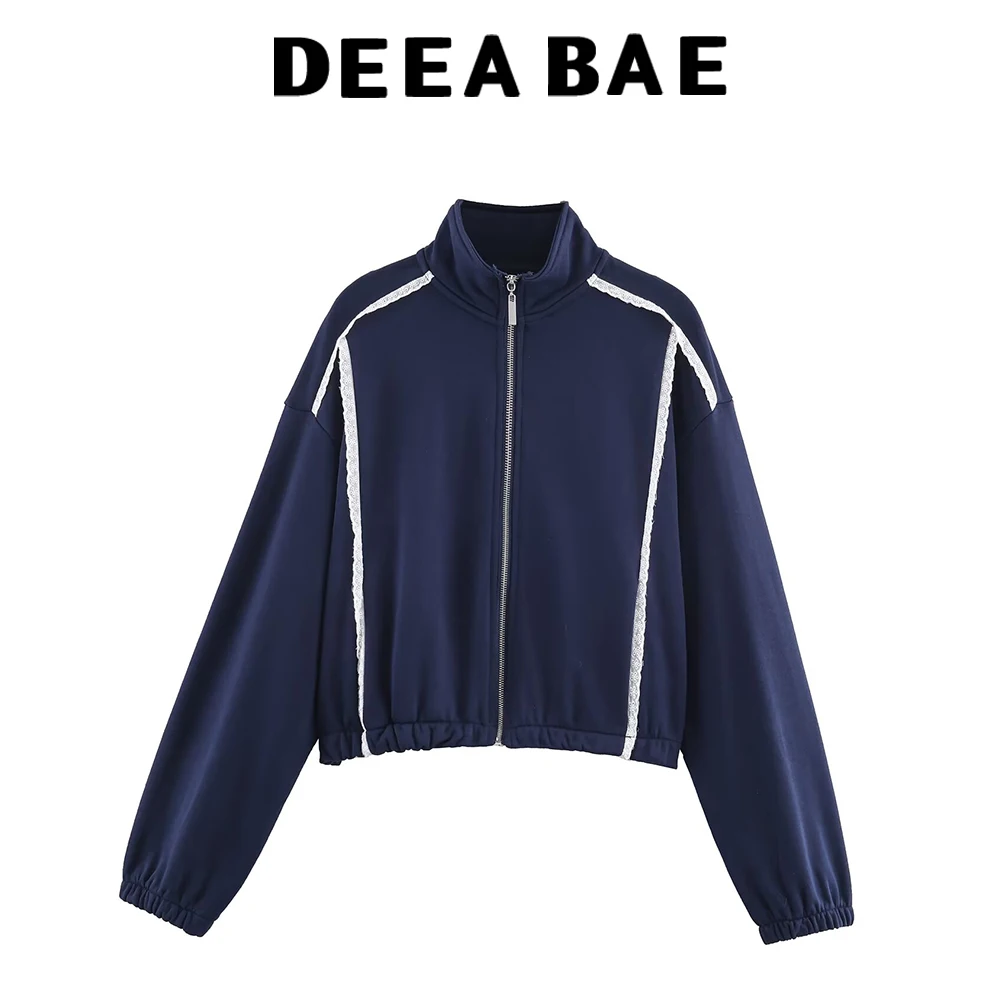 DEEABAE Autumn New Product Women's Stand up Collar Long Sleeve Contrast High Collar Loose Hoodie Wide Leg Pants Set