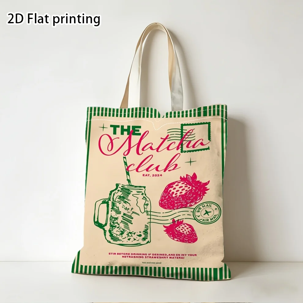 The Matcha Club Strawberry Matcha Rendezvous Art Tote Bag Reusable Shopping Bag Fashionable Womens Daily Accessory Travel Bags