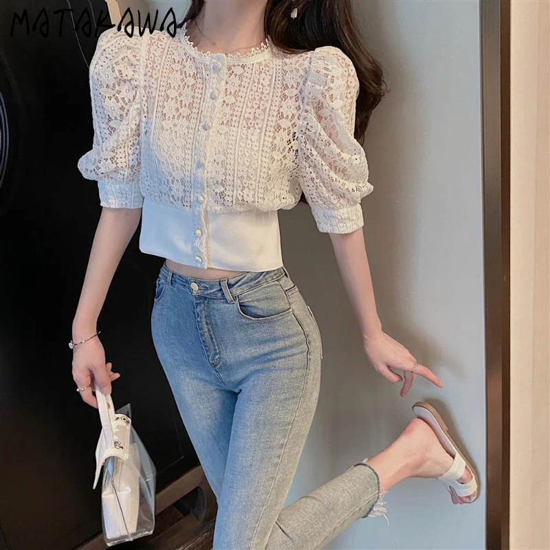 MATAKAWA Blouses Korean Fashion Round Neck Short Puff Sleeve Slim Elegant Shirts High Street Hollow Out Sexy Camisas Solid Blusa