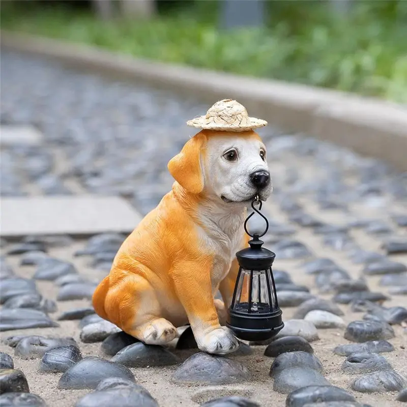 A21Q -Garden Dog Statues - Adorable Resin Dog Figurines With Straw Hat And Solar LED Lantern, Puppy Decor Outdoor Solar Light