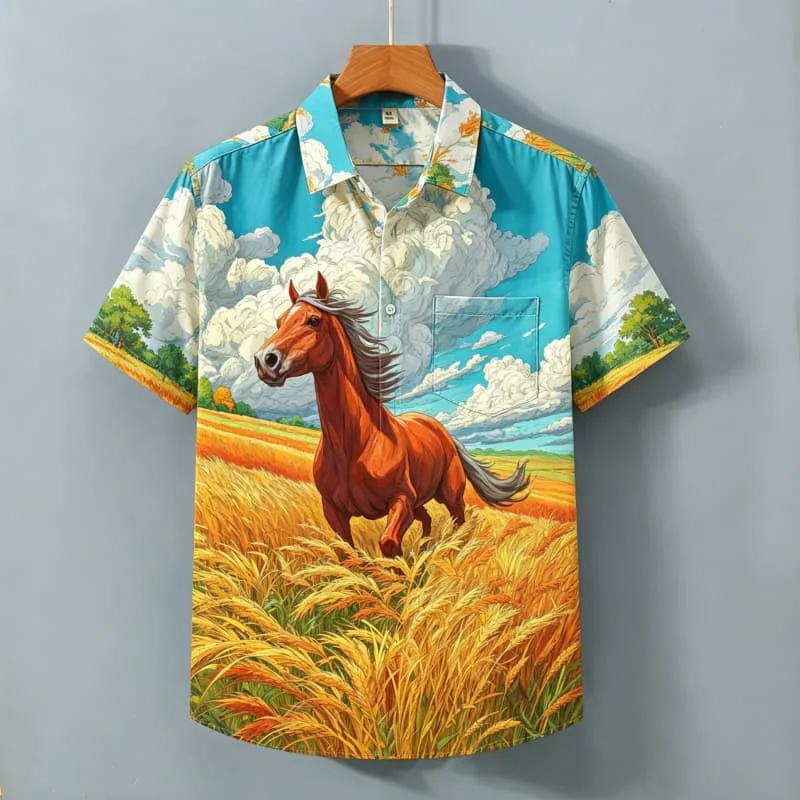 Men's Animal Shirt Cuban Collar Wild Bear Forest Landscape Print Short Sleeve Regular Fit Outdoor Travel Casual Male Apparel
