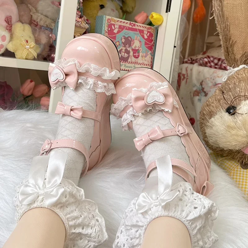 Lovely Girls Lolita Flat Platform ,Female Students Sweet Lace Heart Bowknots Marry Jane Elevator Shoes