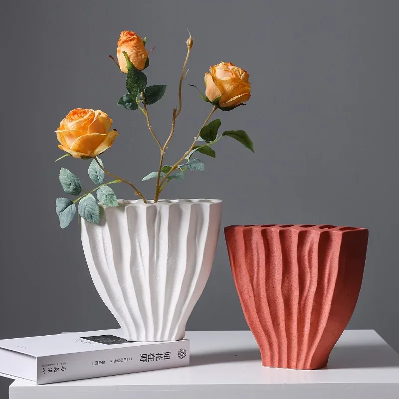 Ceramic Pleated Flower Vase Decoration Hydroponic Flower Planter Flower Arrangement Art Aesthetic Decoration Home Decoration