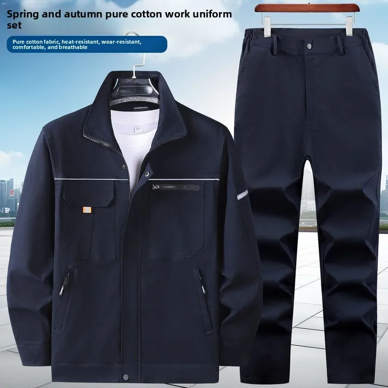 

Комплект рабочей формы из утолщенного чистого хлопка для мужчин: куртка с воротником и термостойкие брюки для сварки, для работы на открытом воздухе весной и осенью