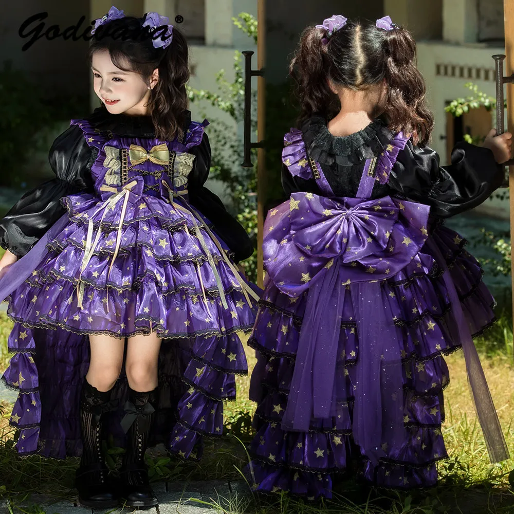 Little Girls' Elegant Gothic Lolita Birthday Party Princess Dress Cute Back Bow Tail Baby Girls Gown Dress Autumn Dinner Dresses