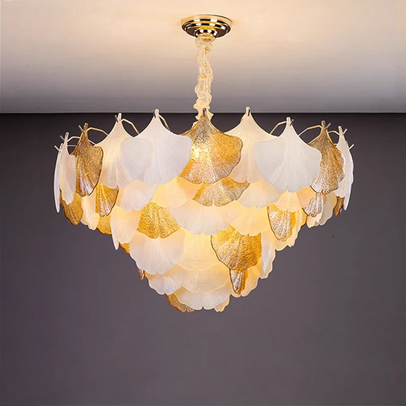 

Art Deco Style Dimmable LED Chandelier with Decorative Autumn Ginkgo Leaves Hanging Pendant for Dining Room Ceiling Light