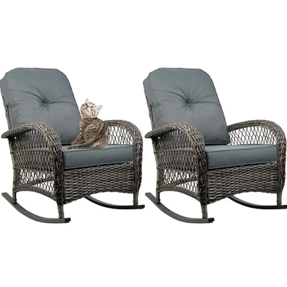 Outdoor All Weather Wicker Rocking Chairs Set of 2 with Glass-Top Side Table Gray Metal Frame Resin Rattan Rocker Garden Porch