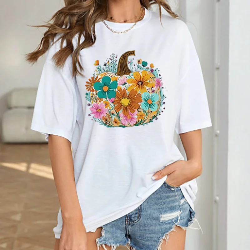 

Trend Pumpkin Floral Print 90s Short Sleeve T-shirt Fashion O-neck T Clothes for Women Y2k Harajuku Casual Graphic Top Tee