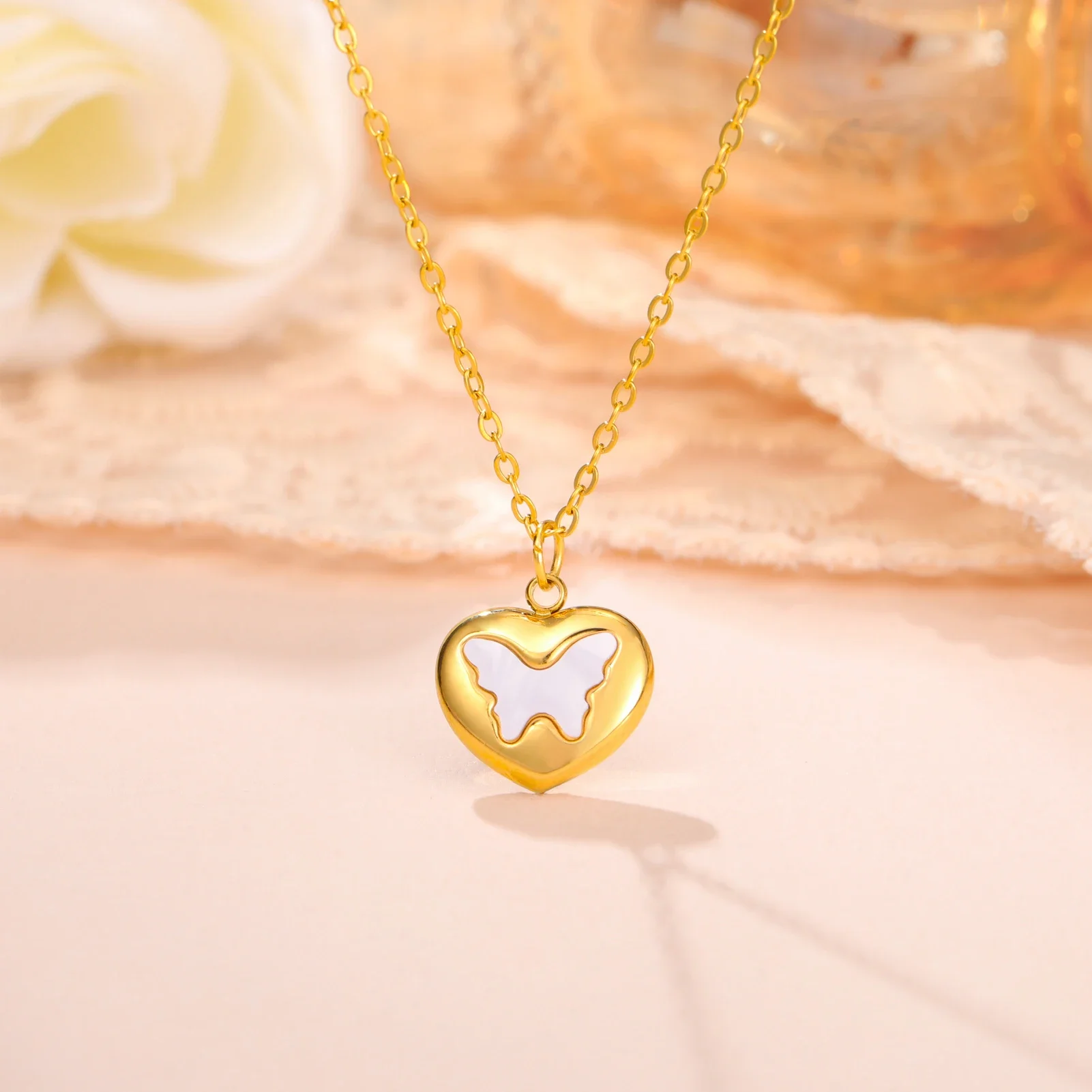 Skyrim Enamel White Butterfly Heart Pendant Necklace Stainless Steel Gold Color Choker Women Trendy Love Jewelry Valentine Gift