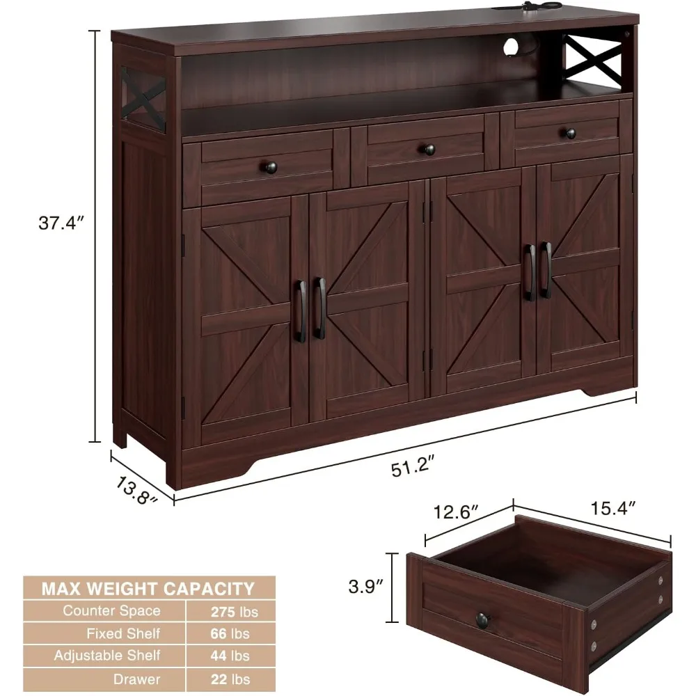 Credenza buffet marrone scuro da 51", mobiletto portaoggetti per fattoria, dispensa da cucina con ripiani e cassetti, marrone scuro